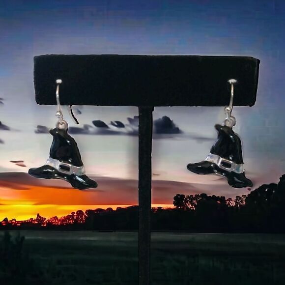 Halloween Earrings Dangle Silver Tone Black Enameled Witch Hat Witchy Witchcore. - Picture 13 of 16